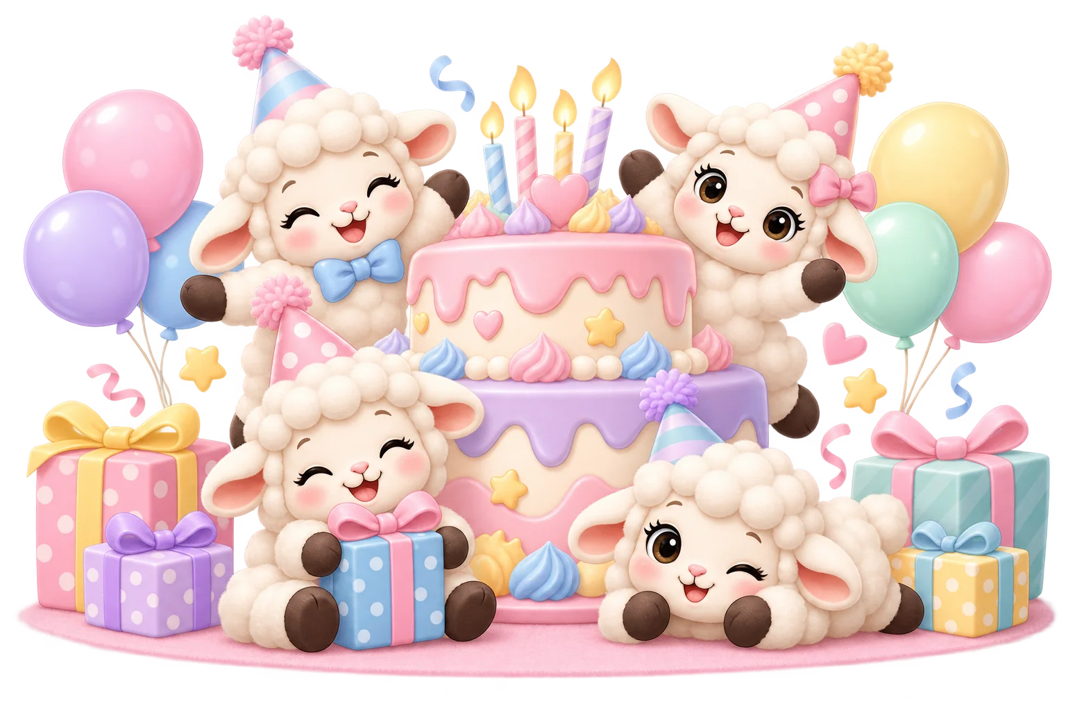 Pastel de cumpleaños con ovejitas festejando